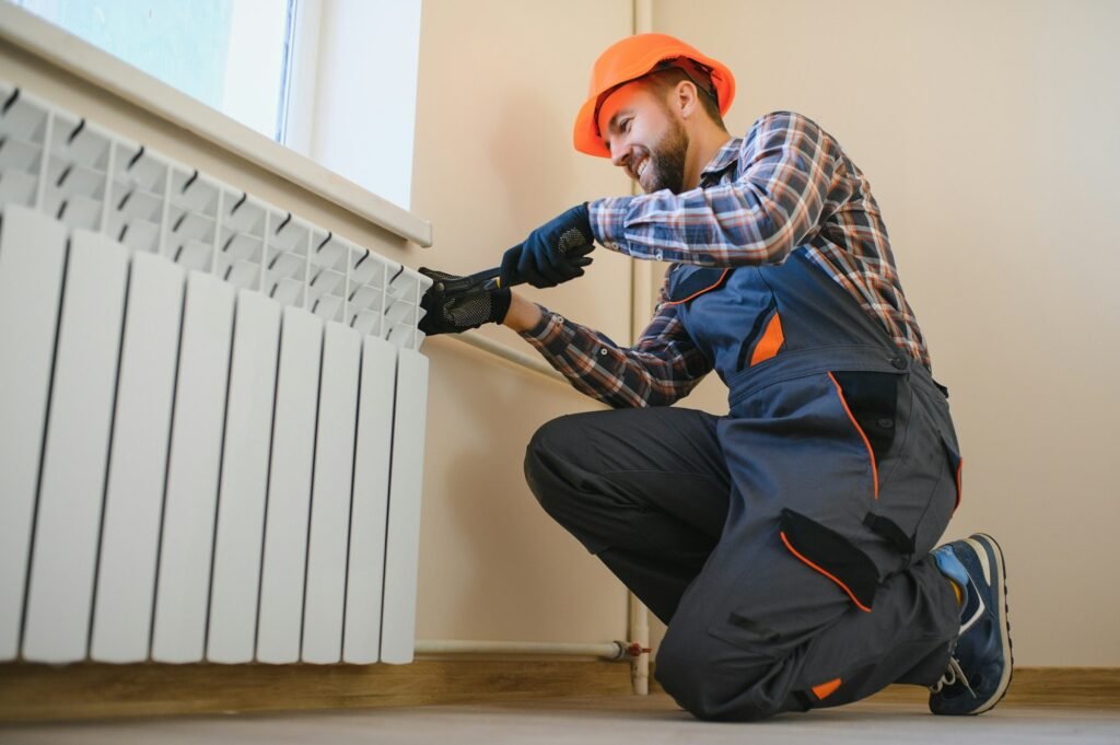 heating system installation and maintenance service. plumber installing radiator