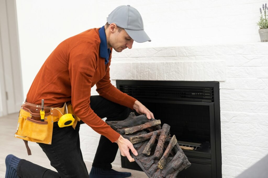 Professional technician sealing electric fireplace with caulk near white wall in room
